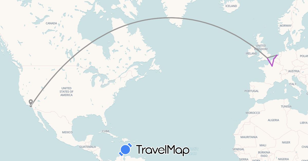 TravelMap itinerary: driving, plane, train in Belgium, France, United Kingdom, Netherlands, United States (Europe, North America)